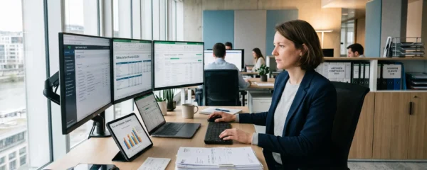 Bureau moderne avec professionnel organisant des factures numériques sur écrans multiples dans un environnement de travail optimisé