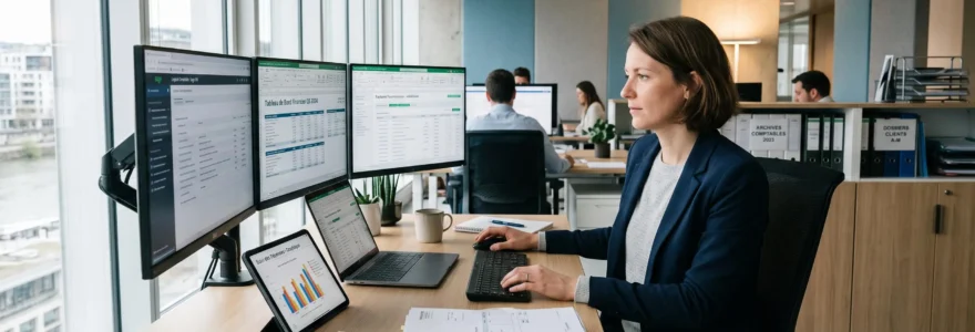 Bureau moderne avec professionnel organisant des factures numériques sur écrans multiples dans un environnement de travail optimisé