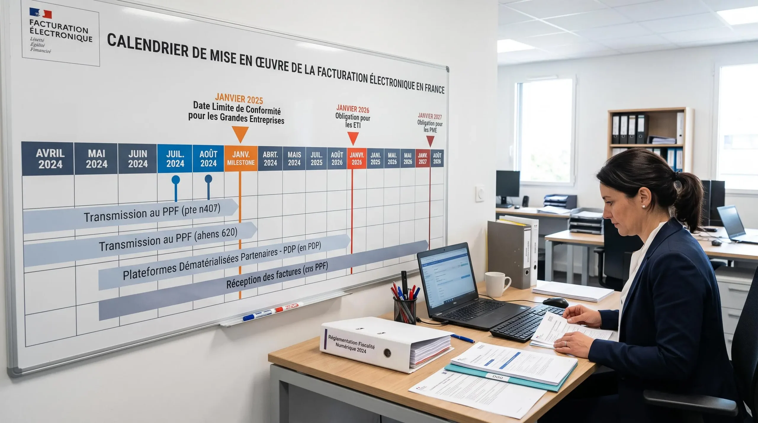Calendrier de planification montrant les échéances officielles pour l'obligation de facturation électronique avec jalons réglementaires