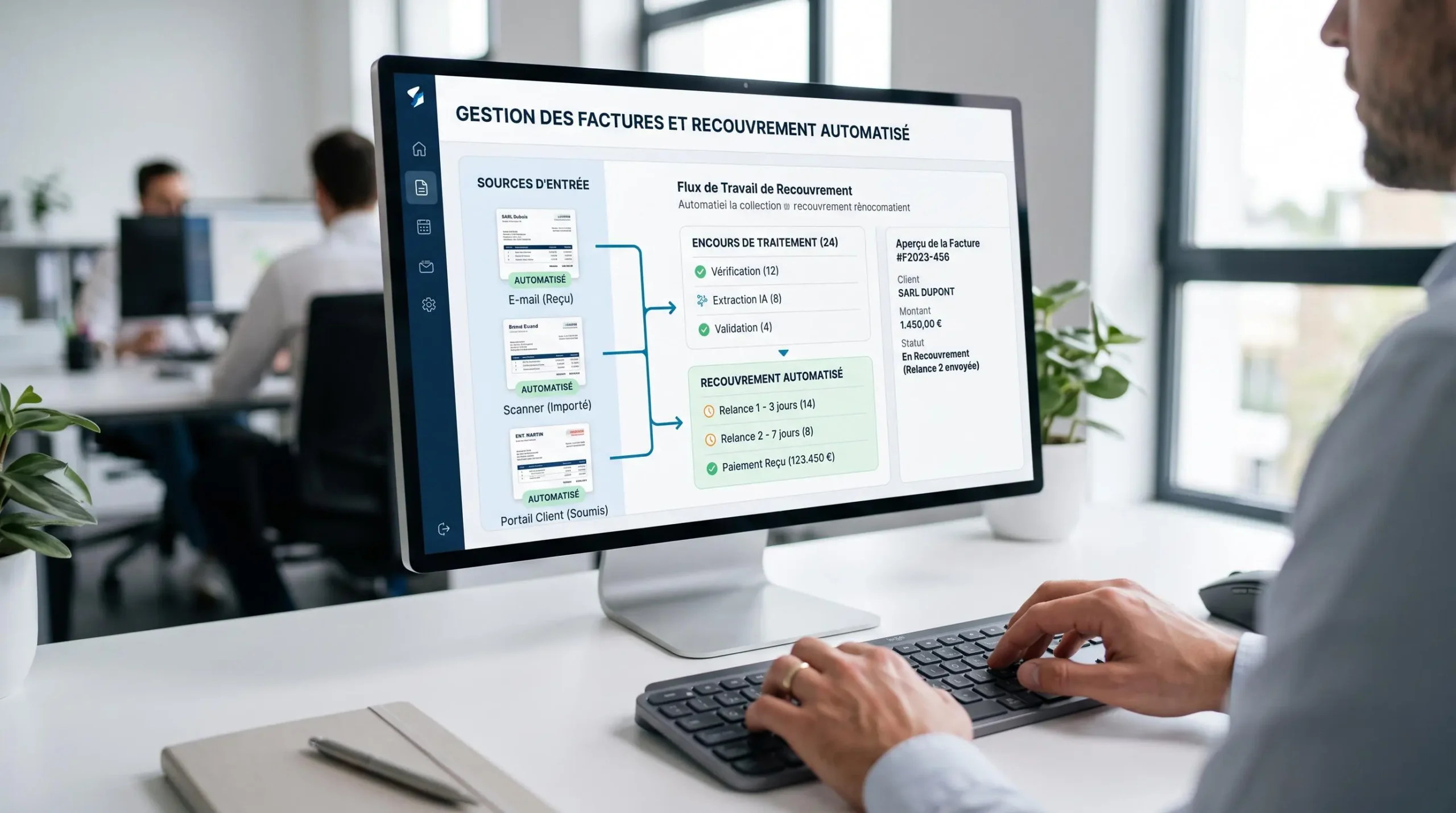 Écran d'interface moderne montrant la collecte automatisée de factures depuis multiples sources vers une plateforme centralisée
